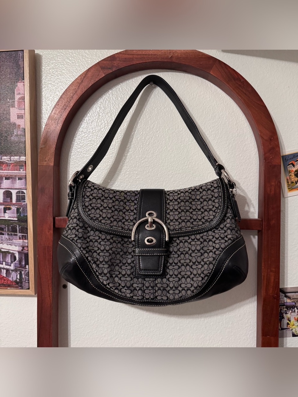 Coach Soho Signature Flap Shoulder Bag Black Jacquard Canvas Leather Y2K